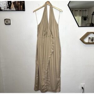 New By Anthropologie Linen Halter V-Neck Column Midi Dress Women's XL Tan Summer